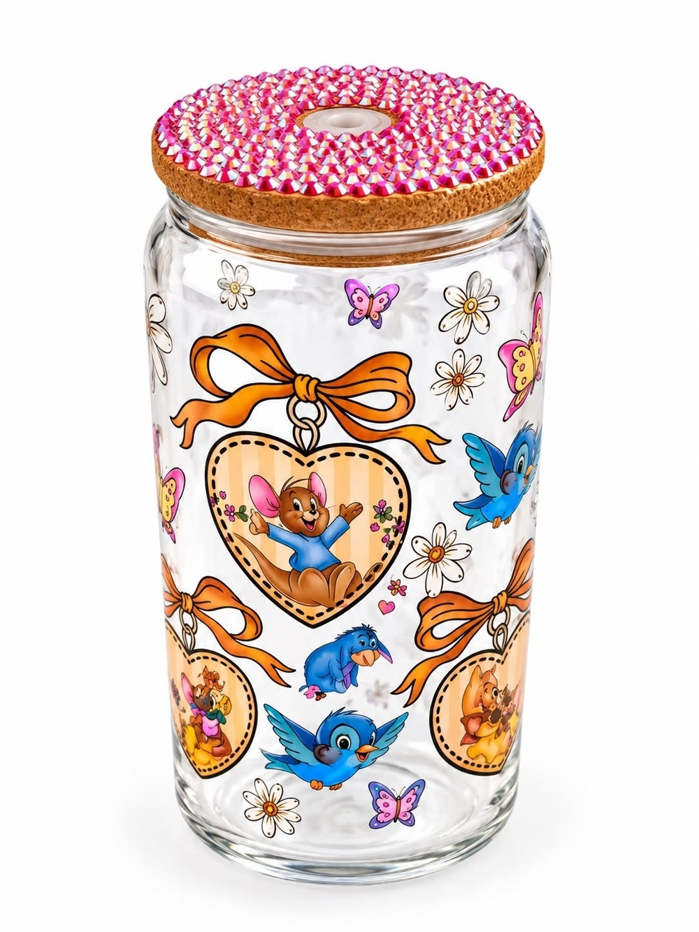 Clear Glass Jar with Pink Rhinestone Cork Lid - Cute Animal Print